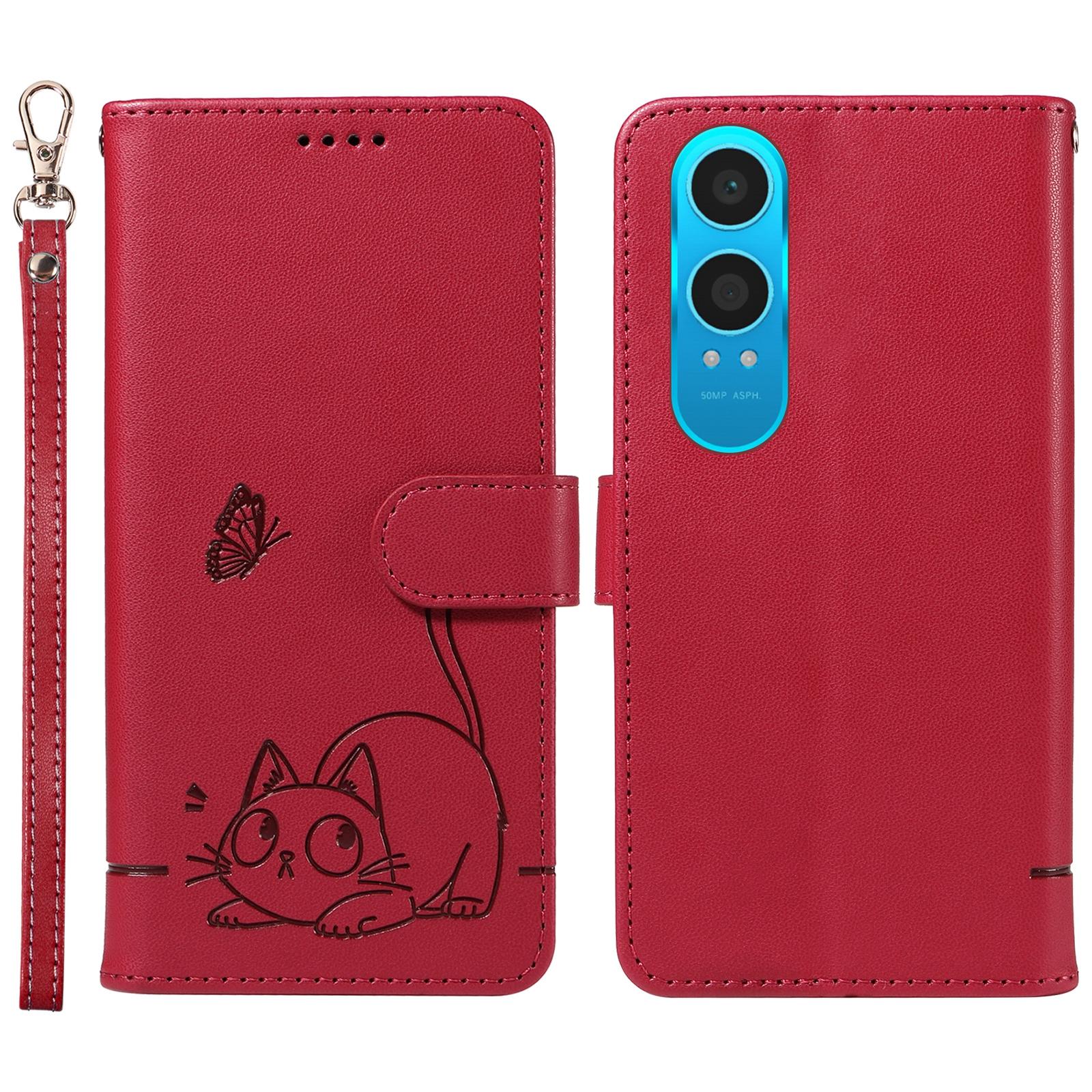 

Wallet Case for OnePlus Nord CE4 Lite 5G/Oppo K12x 5G (China) Cat Pattern Imprint Leather Phone Cover with Wrist Strap Red