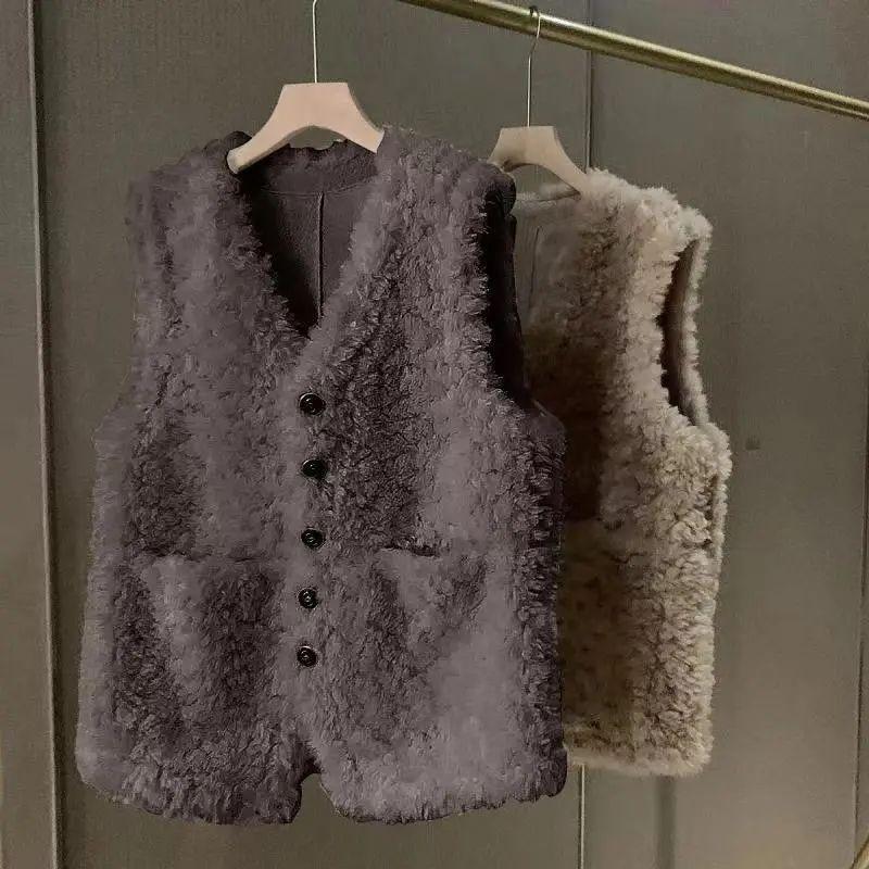Fur Vest Coat Women Sleeveless All Match Waistcoat Autumn Winter V Neck Button Warm Lamb Hair Sleeveless Jacket