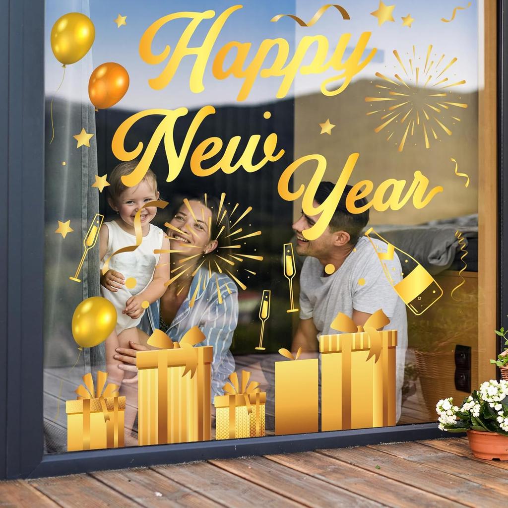 Whaline 6 Sheets New Year Window Clings New Years Eve Window Decal Champagne Firework Double-Sided Golden Yellow Window Stickers Reble for Home