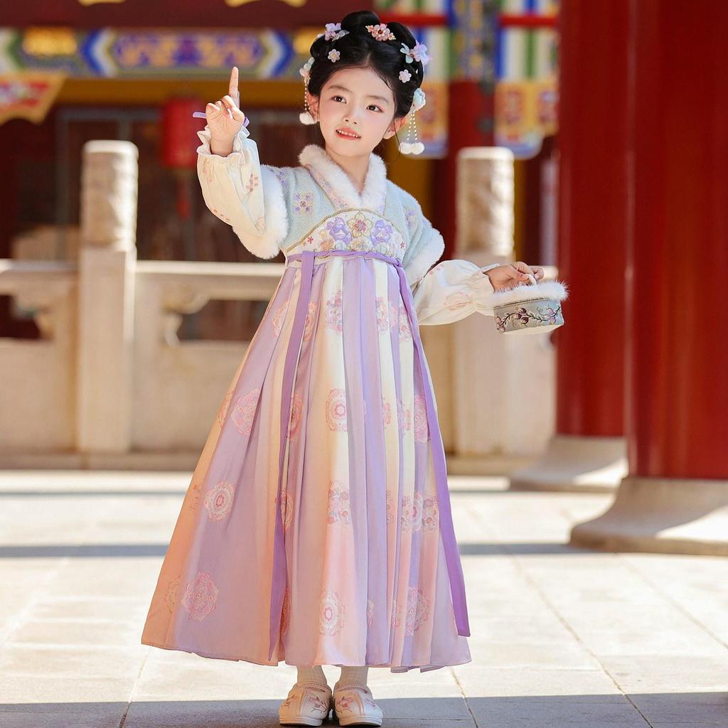Girls' Winter Plush-Lined Hanfu Dress - Traditional Tang Suit Skirt for Autumn/Winter 2025 New Year