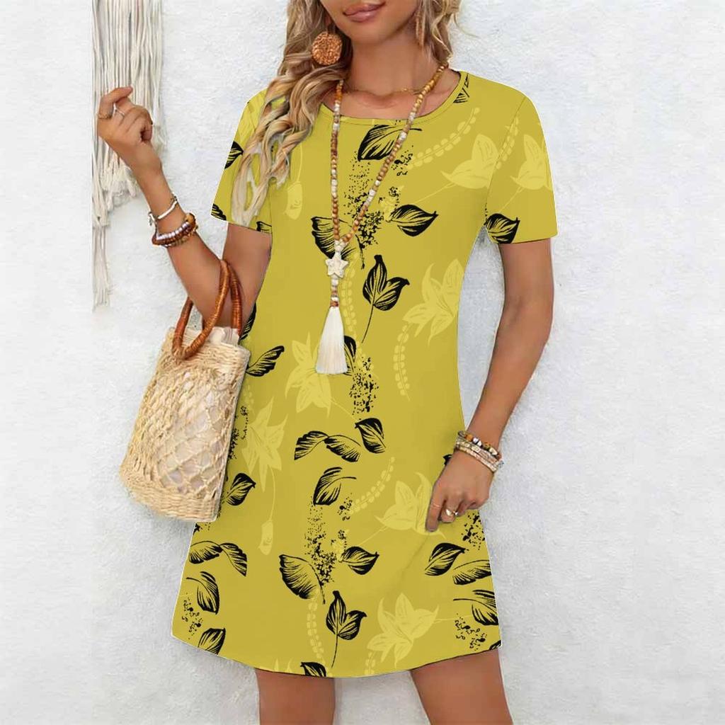 Dammode Vacker Elegant Blomma Fjäril Tryck Sommar Vår Kortärmad Rund Halsringning Vardagsklänningar
