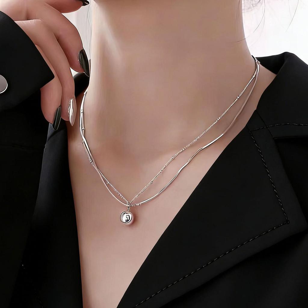 PANJBJ 925 Silver Circle Ball Necklace for Women Versatile Clavicle Chain Double Layer Versatile Office Minimalist Jewelry Gift