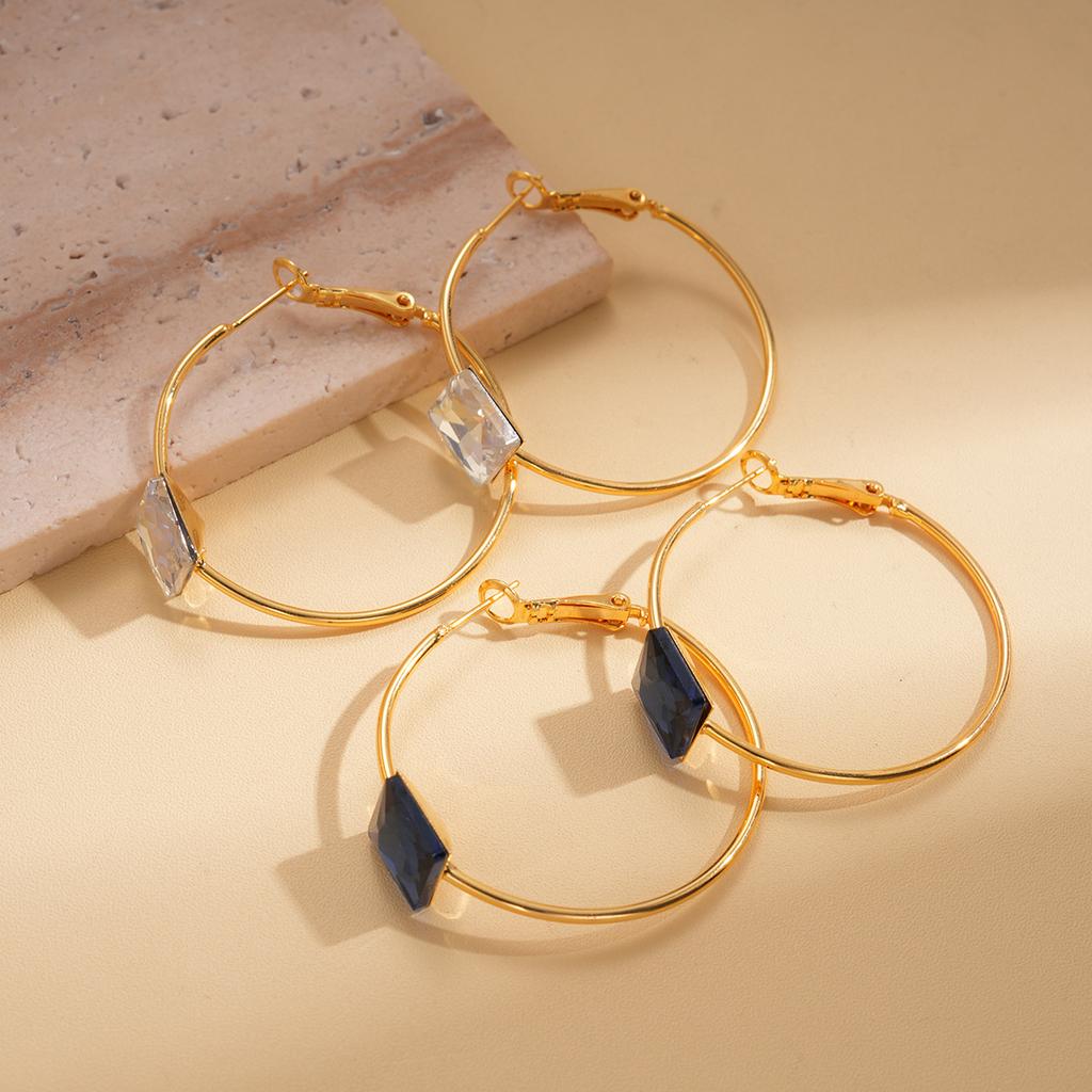 24k Real Gold Electroplated Diamond-set Round Ring Square Silver Needle Earrings European and American Light Luxury Earrings Niche Earrings