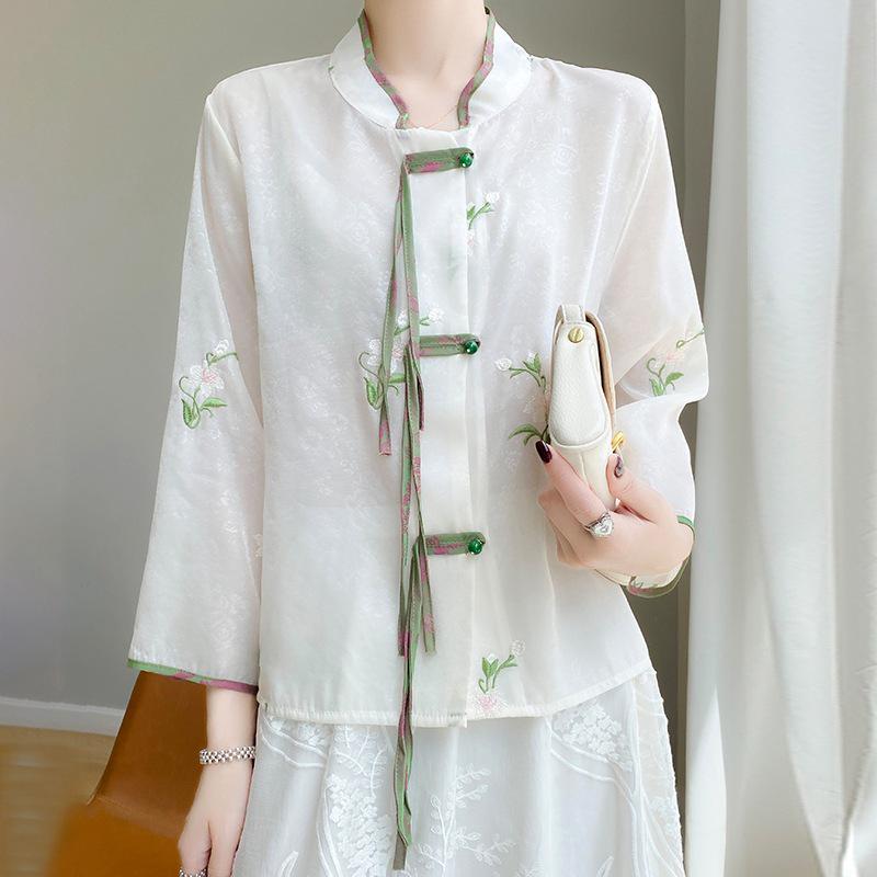 

Винтажный вышитый женский летний кардиган с длинным рукавом из органзы для защиты от солнца XL темно-зеленого