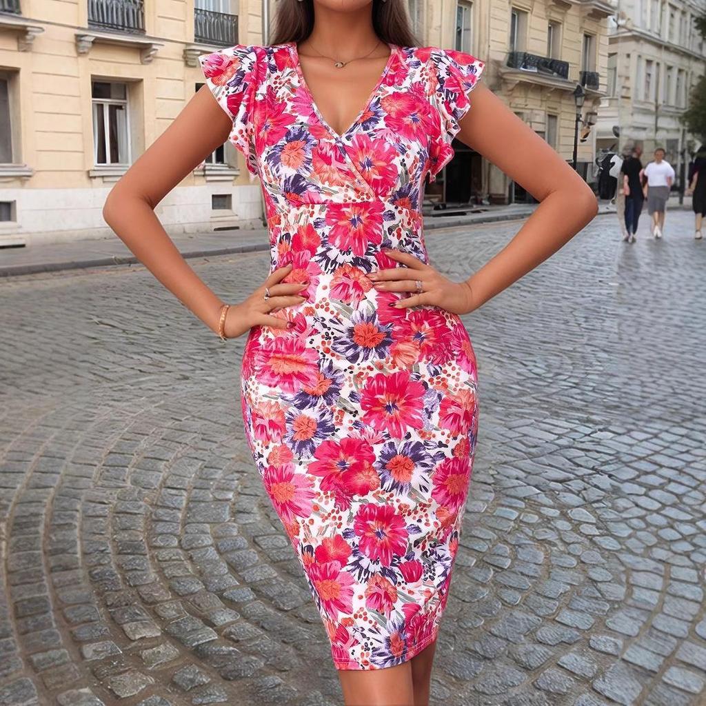 2025 Spring/Summer Sexy Ruffle Sleeve Floral Print Dress for Women