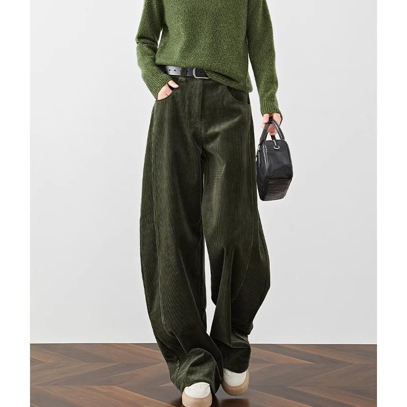 Womens Green Corduroy Wide-Leg Pants High-Waisted