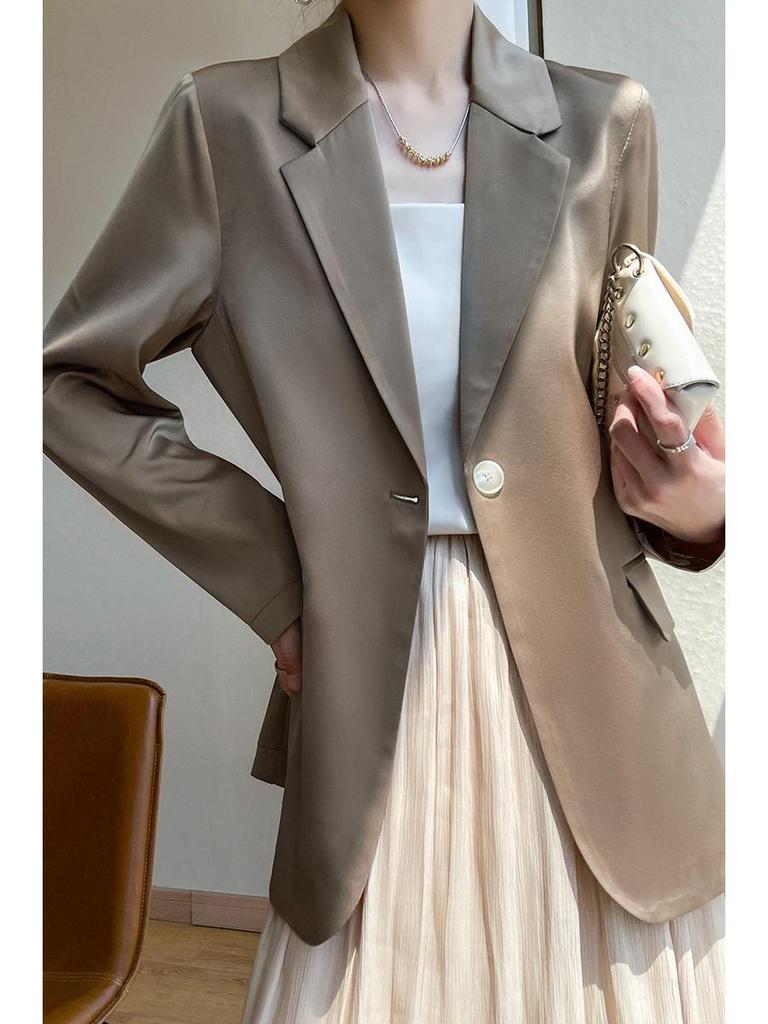 White Silk Satin Women's Suit Jacket - High-End Korean Style for Spring/Autumn 2025