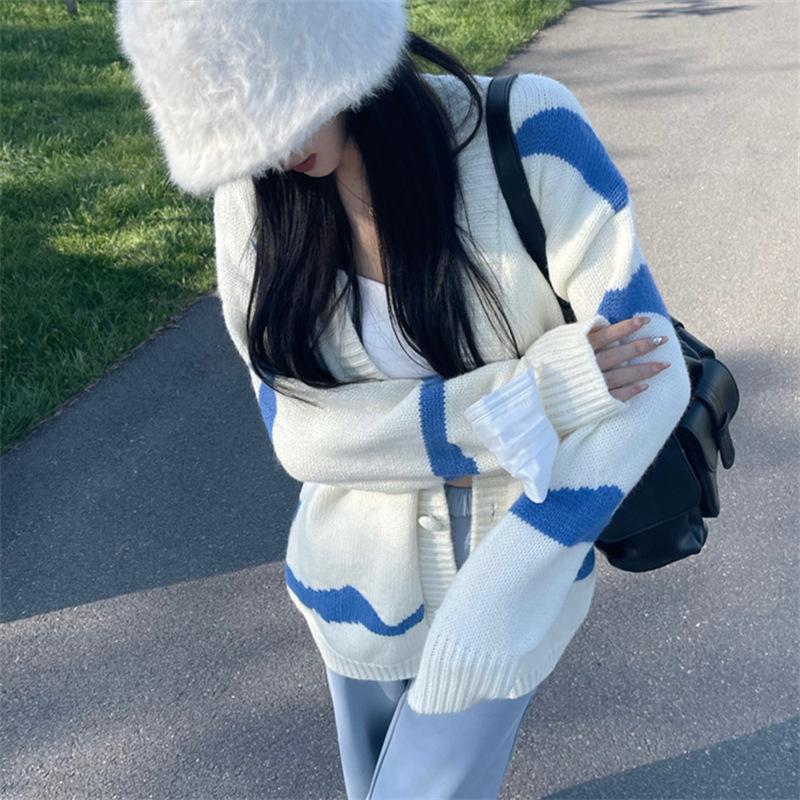 

Осенне-зимний женский свитер в полоску, свободный вязаный кардиган с v-образным вырезом в студенческом стиле, топ с длинными рукавами One Size белый