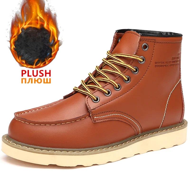 Mode Winter Warme Herren Schneestiefel Lederstiefel mit Fell Herren Handgefertigte Wasserdichte Stiefeletten Rutschfest Hoher Schaft Herren Arbeitsschuhe