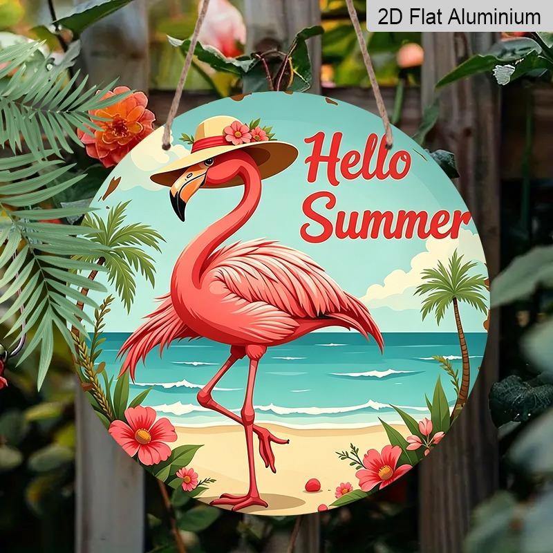 2D Flache Aluminium-Dekoschilder und -Plaketten im Sommer-Thema in verschiedenen Größen. Wanddekorationen mit Flamingomuster und Sonnenhüten, Sommer-Bauernhaus-Stil