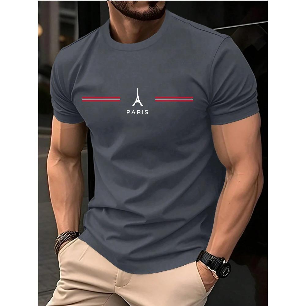 Men's Summer Loose Plus Casual Parisian Letter Printed Sports Round Neck Short Sleeved T-shirt Top
