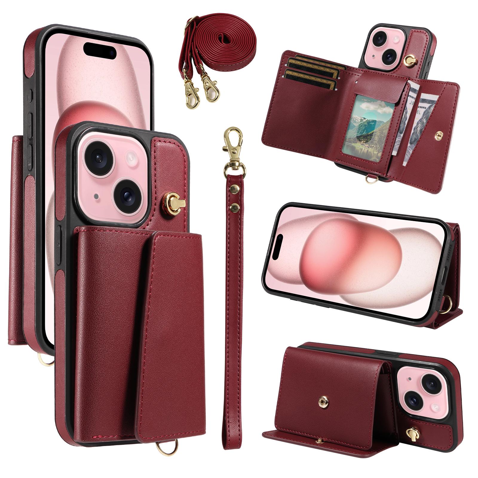 

For iPhone 15 Crossbody Phone Case Card Holder Kickstand Leather Coated TPU Mobile Cover Wine Red