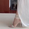New one-word open-toed sandals for women, sexy temperament lace mesh white high heels for women, thin heel round head