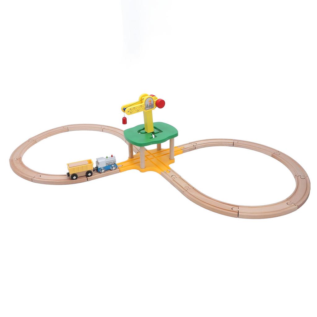 Tower Crane Wooden Train Track Set with Straight Curved Tracks Building Blocks Wooden Railway Set