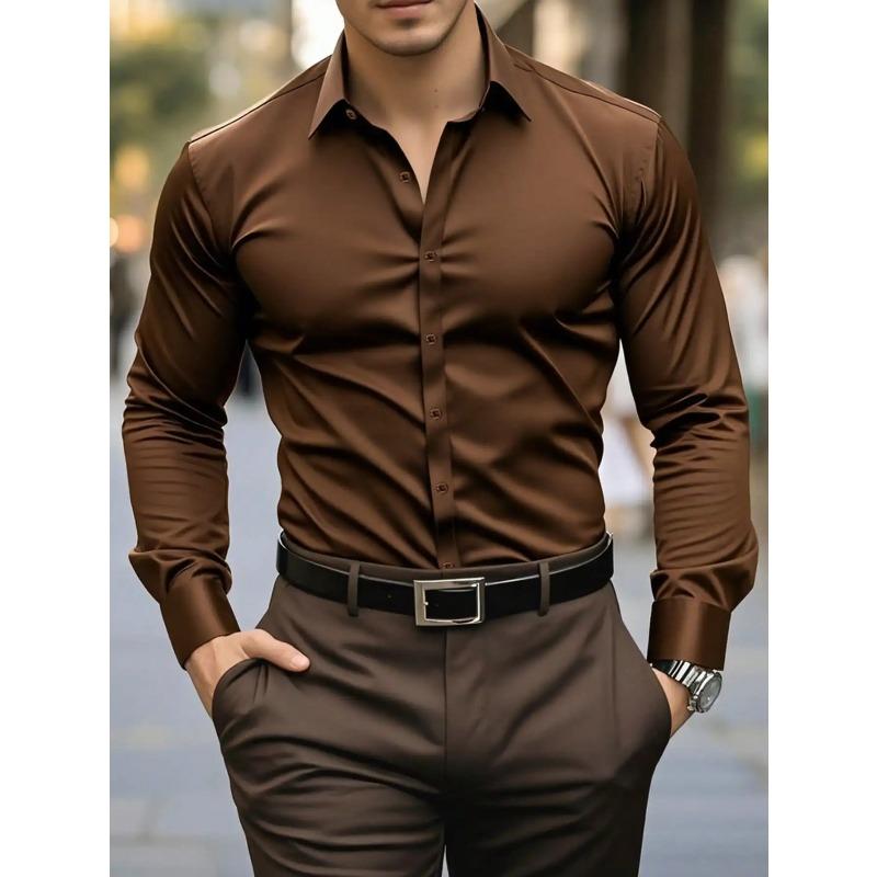 Men's Solid Red Long Sleeve Formal Dress Shirt for Business Office Wear