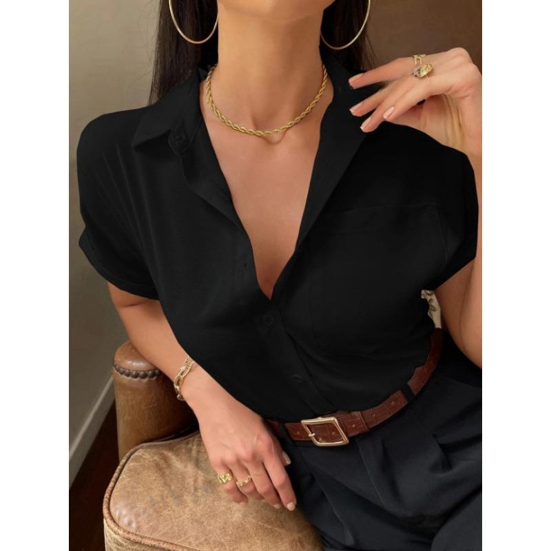 Summer Color Ding V-neck Shirt Women's Solid Color Satin Short Sleeve Casual Button Shirt Blouses & Shirts