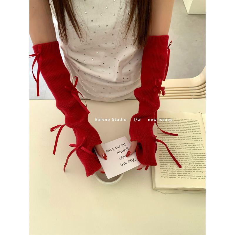 

Вязаные перчатки с полурукавом с бантами для женщин, осенне-зимние пинетки, теплые шерстяные, легко сочетаются, сексуальная защита для рук, рукава, длина выше локтя Christmas red All yards