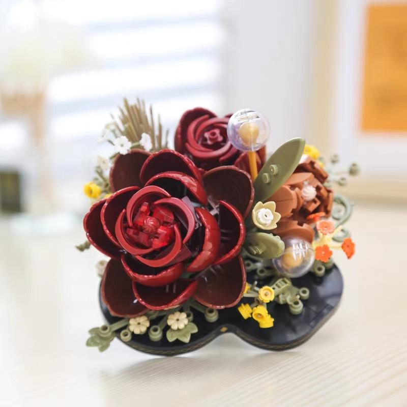 Lego-Compatible Sunflower & Rose Photo Frame: Educational Ornament Gift for Girls