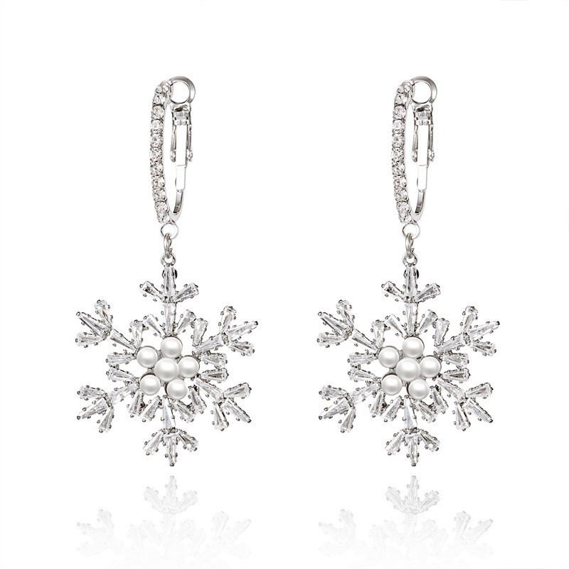 Christmas Snowflake Earrings With Zirconia And Pearl For Women Holiday Accessory