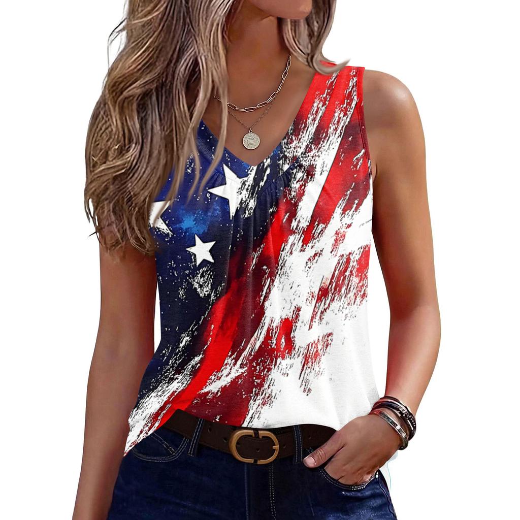 V-Neck Tank Top Women Print Tank Tee Casual Loose Fit Sleeveless Shirt