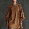 Spot  New Amazon Independent Station Round Neck Tassel Loose Lantern Sleeve Long Sleeve Solid Color Dress Short Skirt