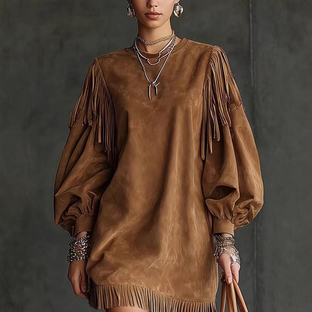 Spot  New Amazon Independent Station Round Neck Tassel Loose Lantern Sleeve Long Sleeve Solid Color Dress Short Skirt