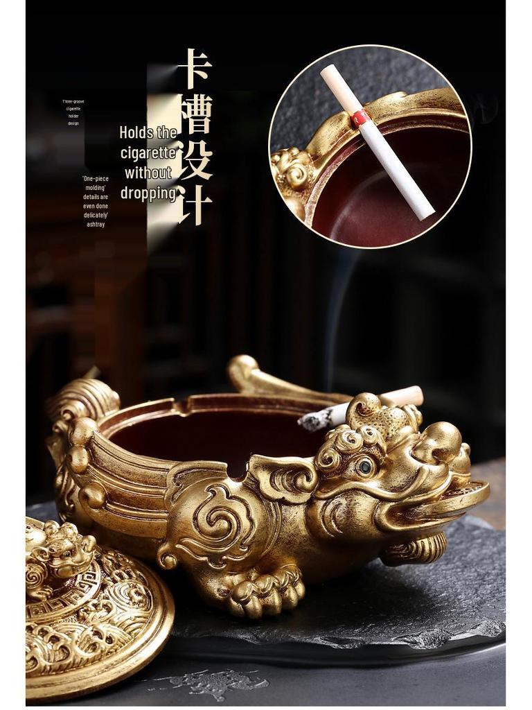 Golden Toad Resin Ashtray with Lid - Chinese Style Ornament for Home, Office, or Tea Table