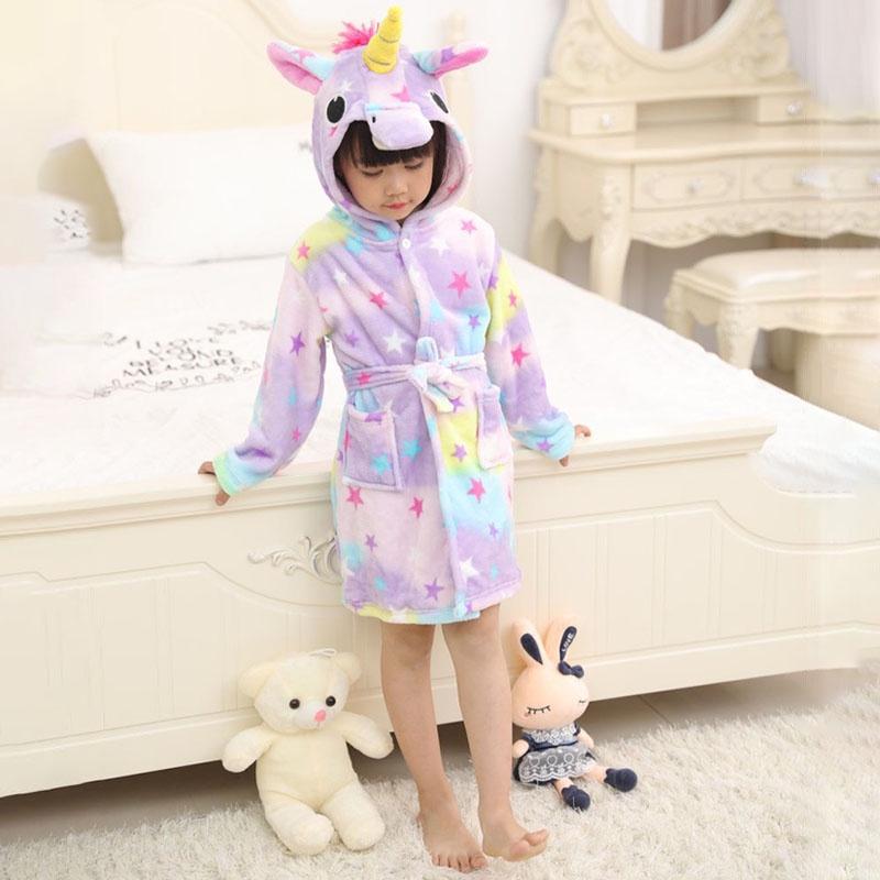 Unicorn Kids Unisex Bathrobe Girls Boys Hooded Pajamas Sleepwear Nightwear