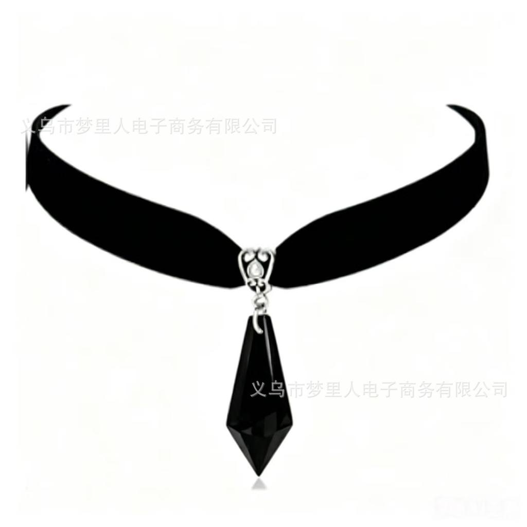 Black Velvet Choker, Red Crystal Pendant Vintage Dark Gothic Clavicle Neck Chain