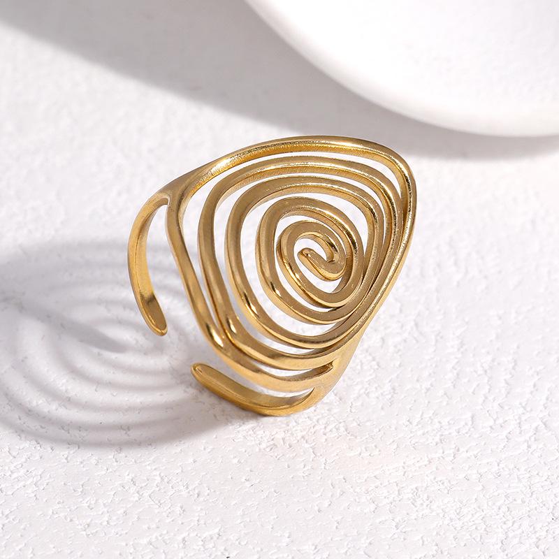 Stainless Steel Gold-Plated Geometric Spiral Open Ring - Non-Fading, Simple Titanium Steel Design.