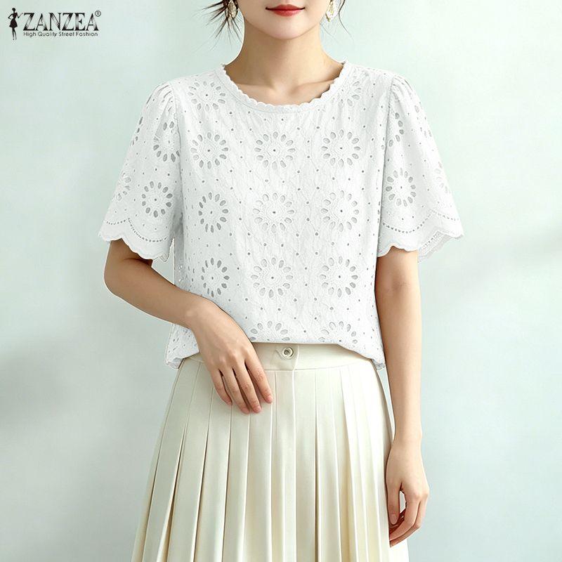 ZANZEA Blusa Casual Corta Larga da Donna con Ricami, Pizzo, Patchwork all'Uncinetto