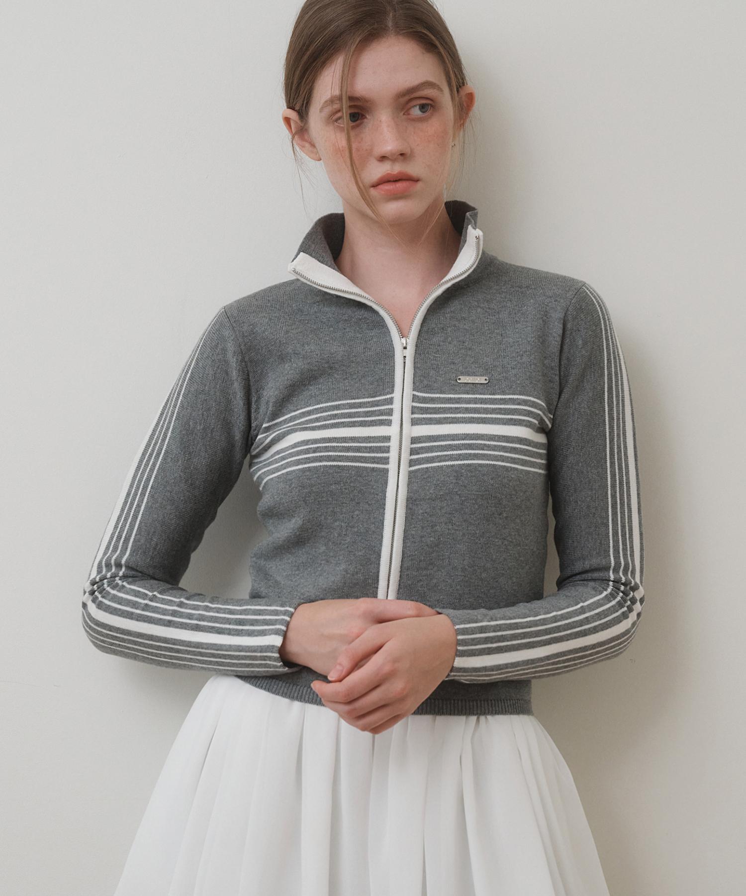 Belloel Stitch Contrast Knit Zip-Up Melange Free