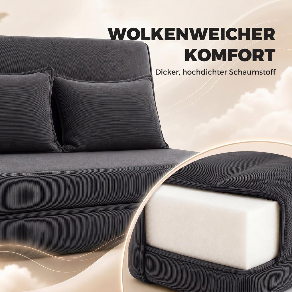 Floor Chair with Backrest, Corduroy Folding Sofa as Guest Bed, Adjustable Backrest, Wide Seat, Dark Grey