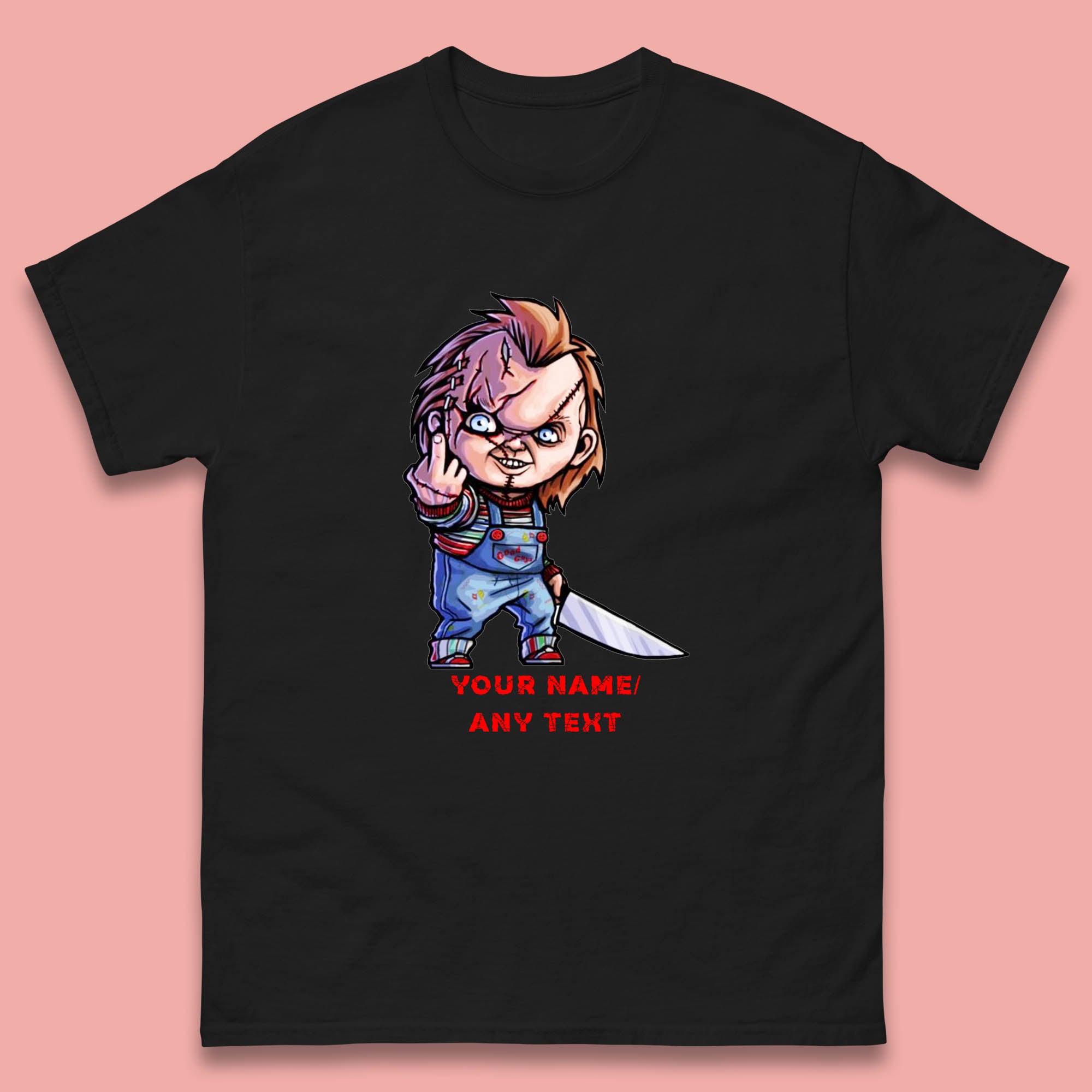 

Personalised Chucky With Knife Your Name Or Text Halloween Horror Movie Character Mens Tee Top 4XL