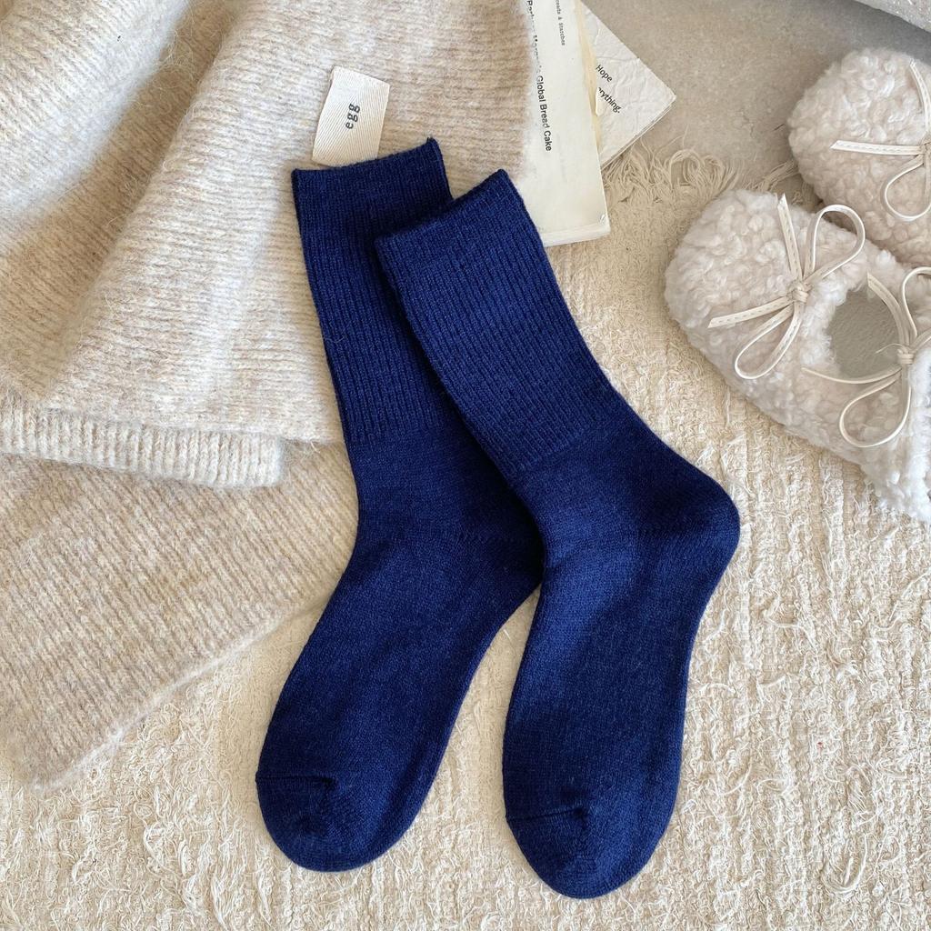 Female Autumn and Winter Style Warm Retro Solid Color All Match Pinstripe Wool Long Stack Socks