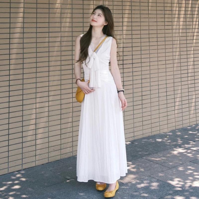 Sleeveless White Bow Long Dress Dress Women's New Great-looking Early Spring Beautiful Beautiful French Waist
