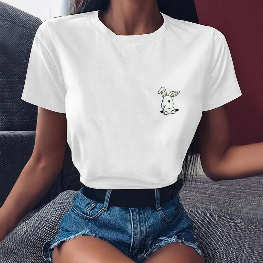 Summer Round Neck Little Rabbit Pattern Printed Top Fashionable Casual Pure Cotton Short Sleeved Women's T-shirts