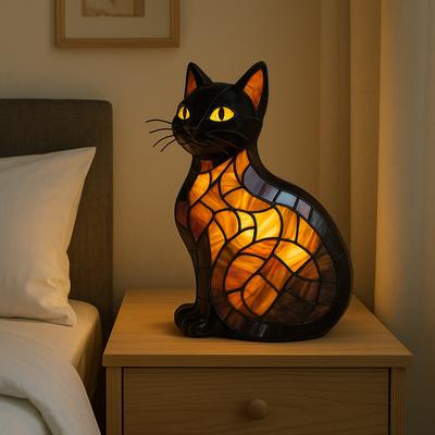 Hot Stained Glass Cat Lamp Cats Stained Resin 3D Cute Tabletop Retro Pet Led Night Light Home Bedroom