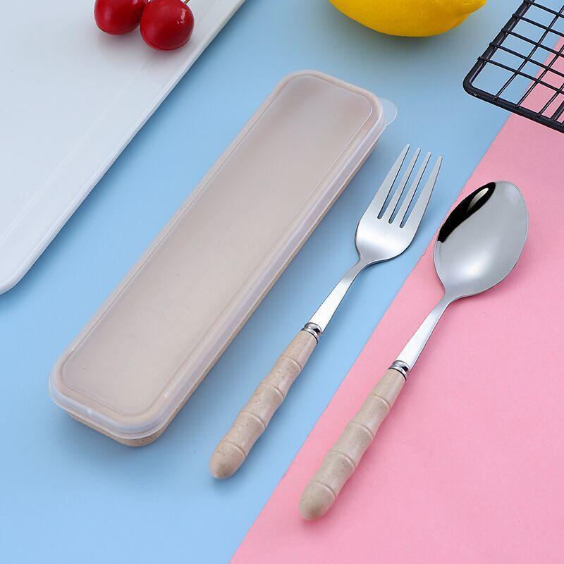 [Set da tre pezzi] Bacchette cucchiaio forchetta in acciaio inossidabile paglia di grano studente adulto viaggio mensa posate portatili
