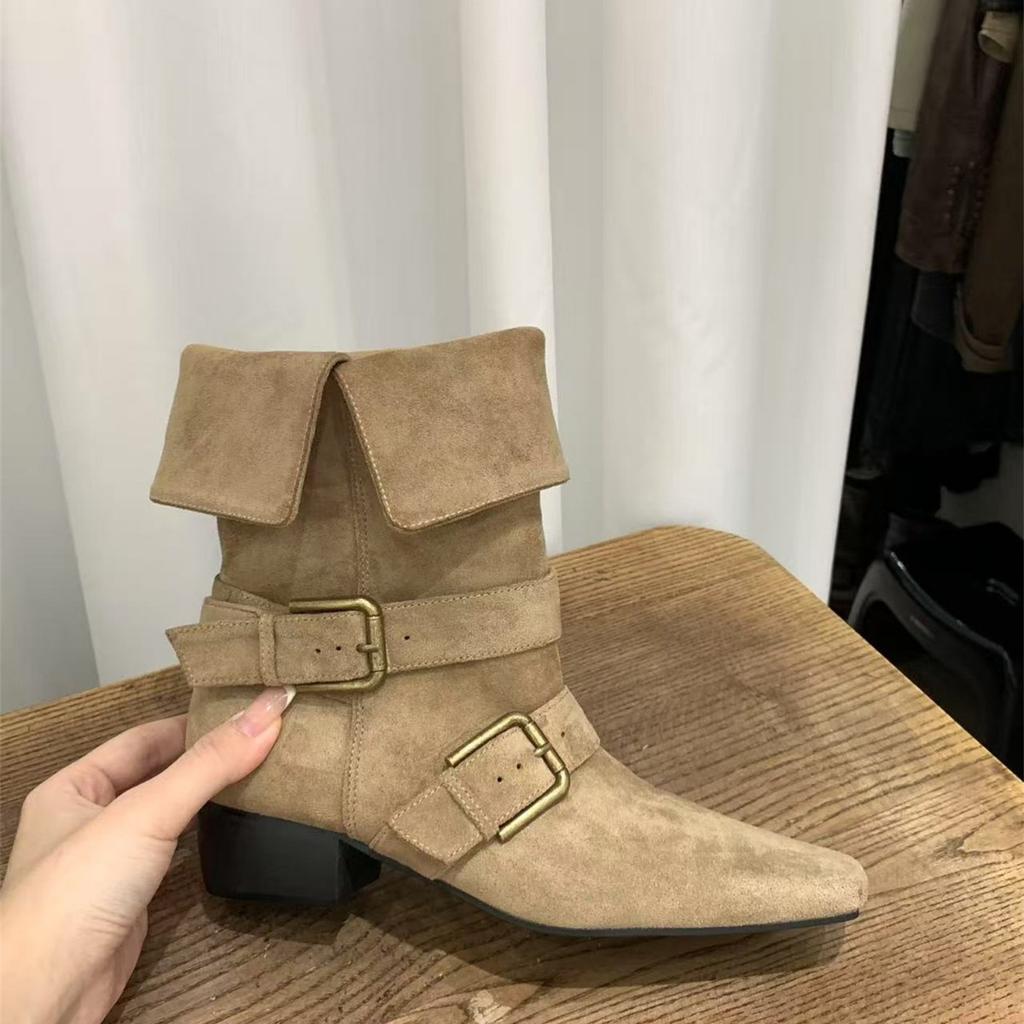 Thick heel retro suede western cowboy boots short boots women's boots 2025 new spring and autumn single boots square Martin boots