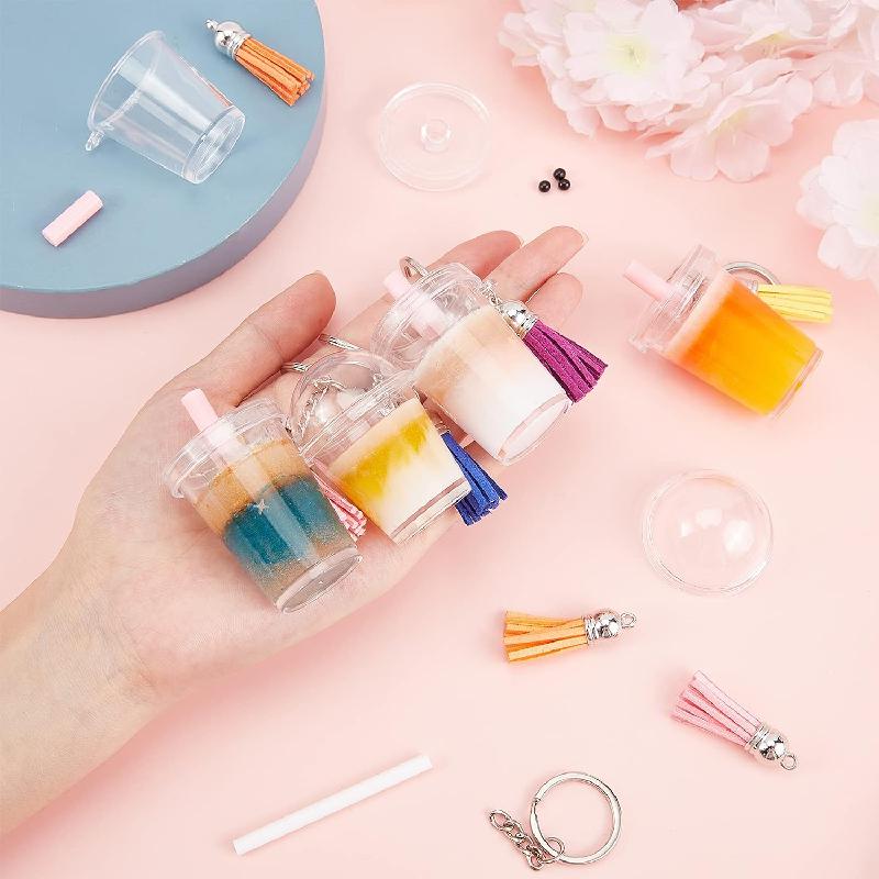 100Pcs Mini Milky Tea Key Chain Accessories Bubble Tea Cream Casting Kit Mini Cup Pendant with Key Ring Tassels Bubbles Straws