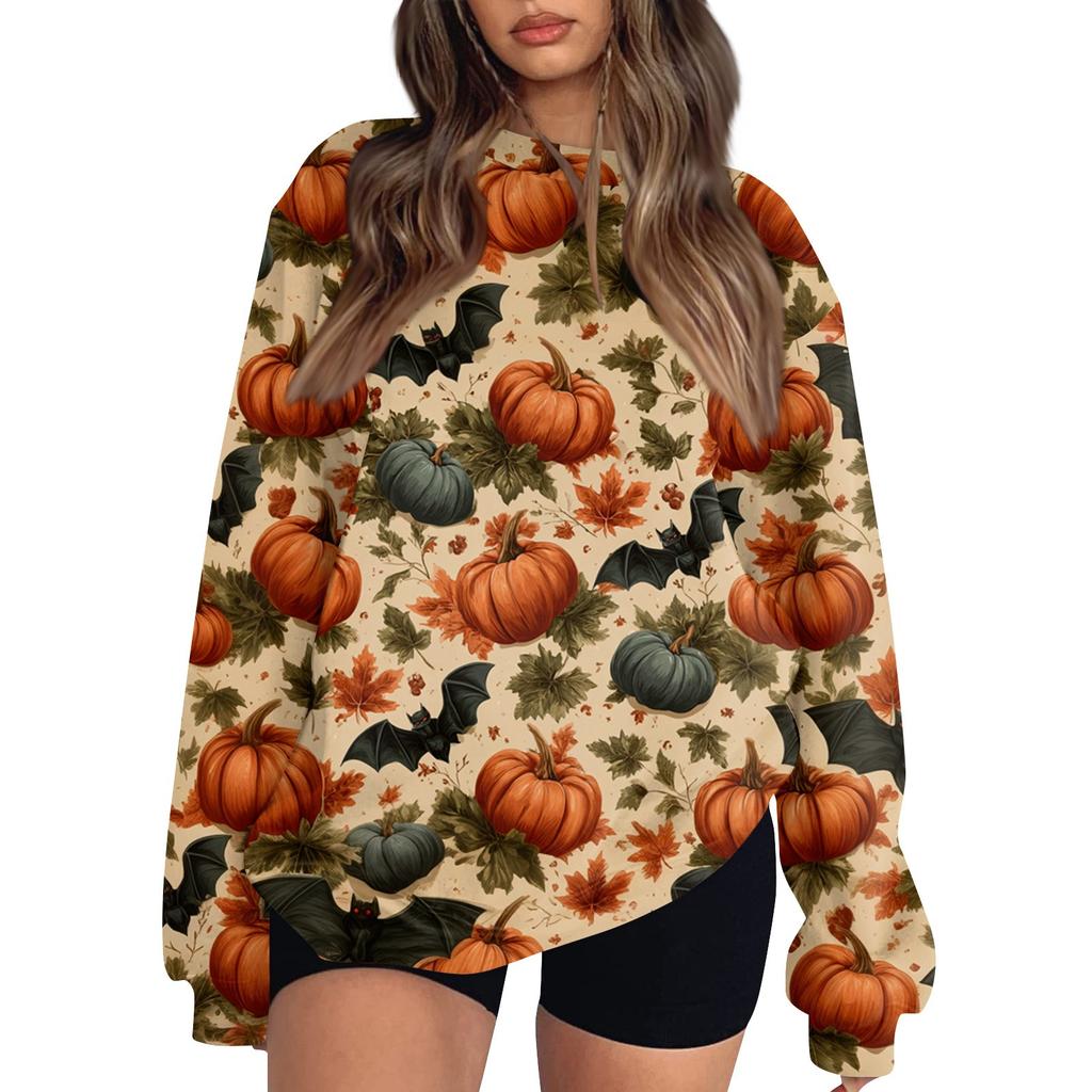 Women's Fashion Casual Long Sleeve Halloween Printed Neck Sweatshirt Top