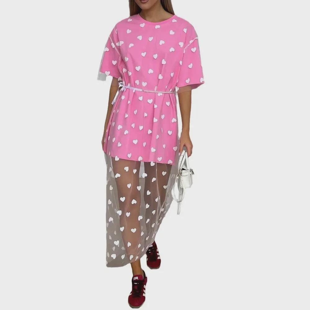 2024 Summer Women's Sexy Mesh Color-Block Loose Two-Piece T-Shirt Dress