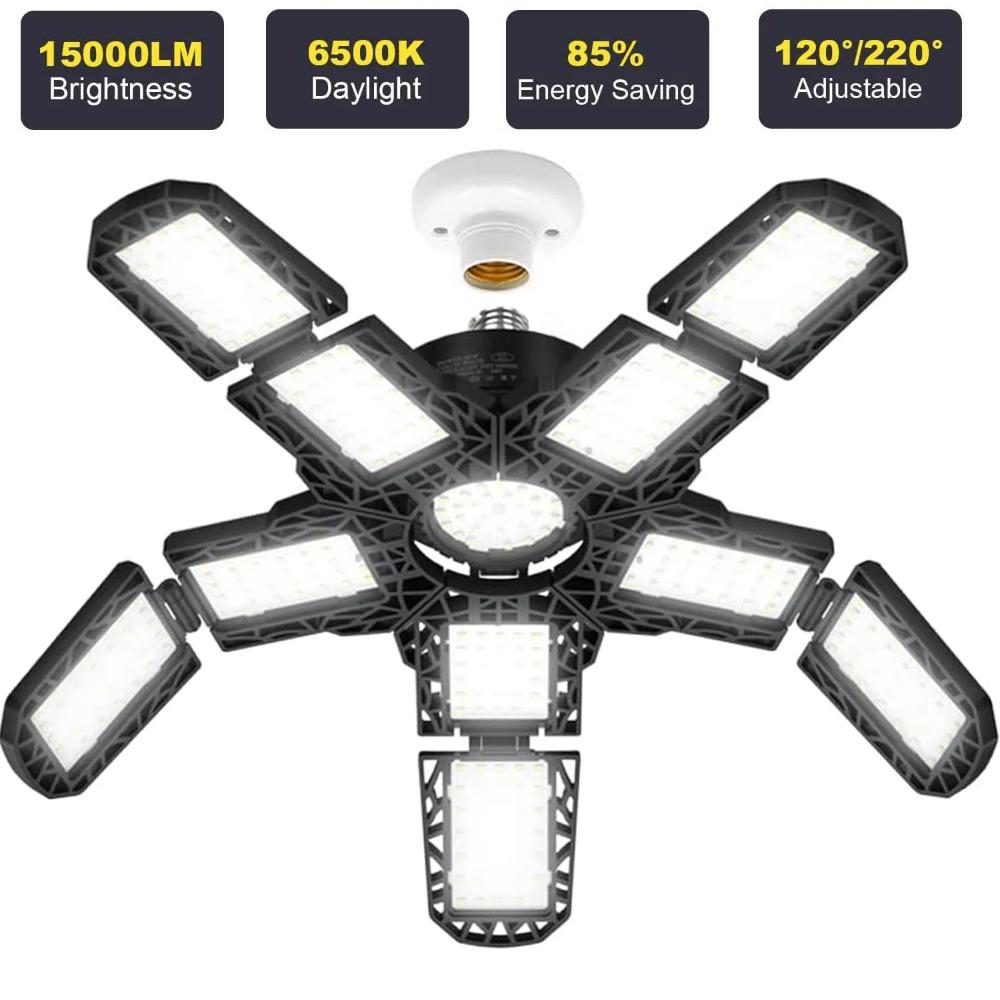 LED Garage Light with 5/8/10 Adjustable Panels Super Bright E27/E26 Ceiling Lighting Work Light for Basement Workshop Warehouse