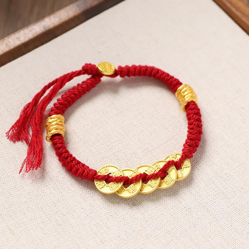 Ancient sand gold hammer pattern coiling bracelet yellow God of Wealth five emperors money red rope woven bracelet men's and women's retro hand rope