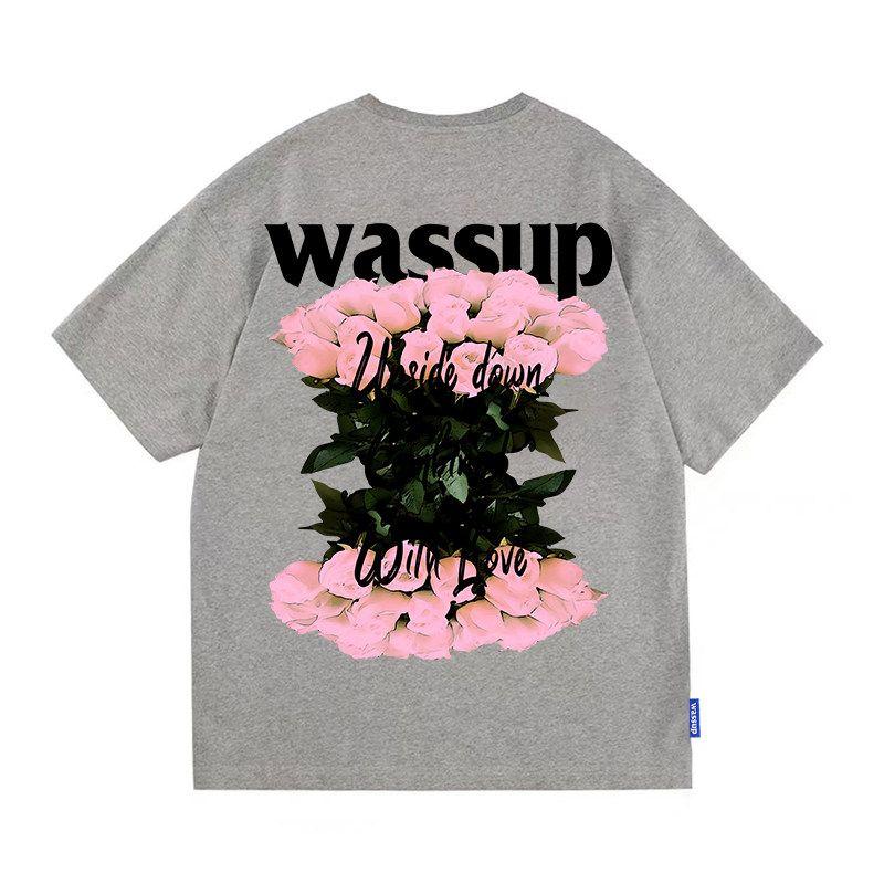 Wassup Rose Letter American Style Short-Sleeve T-Shirt for Men, Summer 24 New Heavyweight Street Couple T-Shirt Top