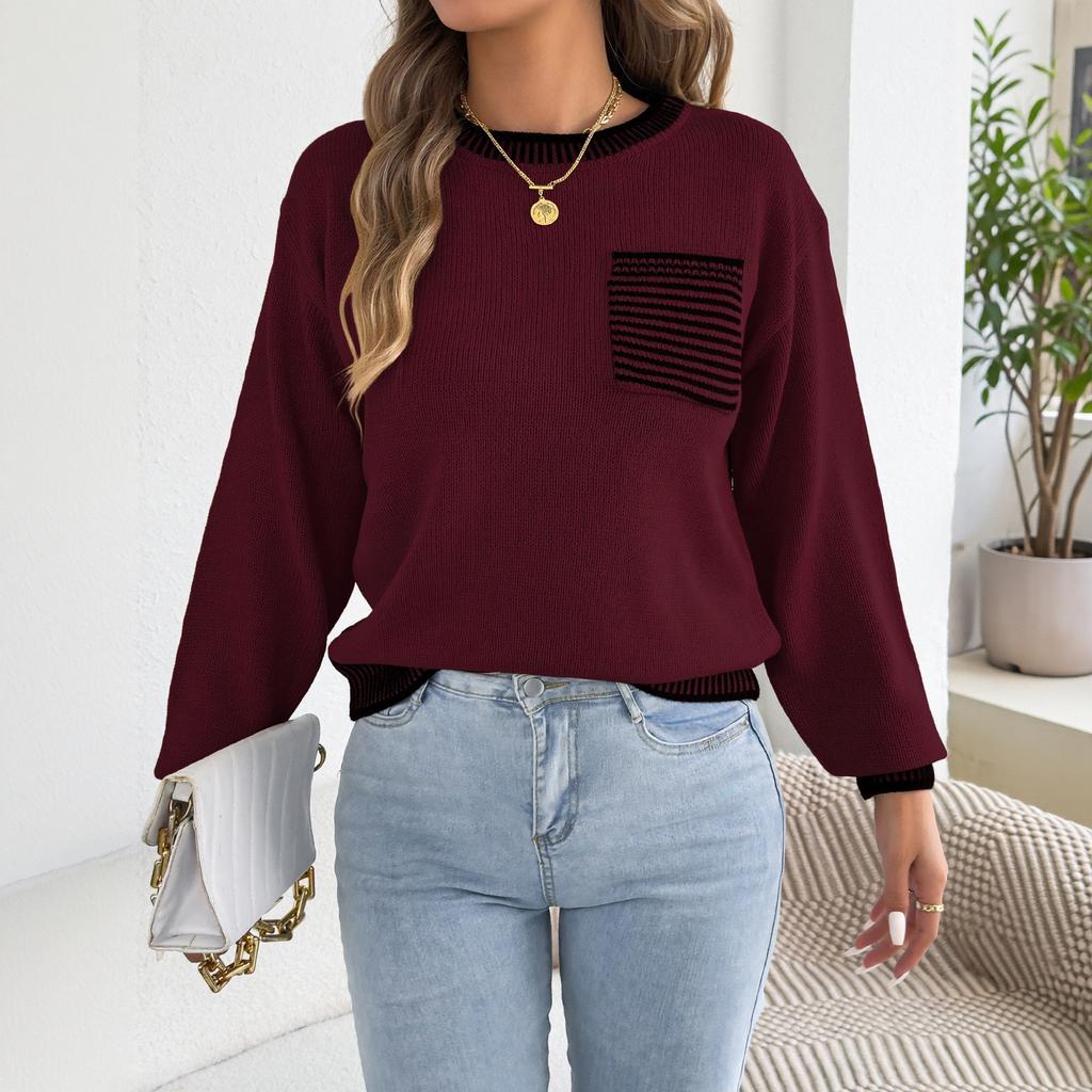 Women's Casual Striped Color Block Long Sleeve Sweater with Pockets