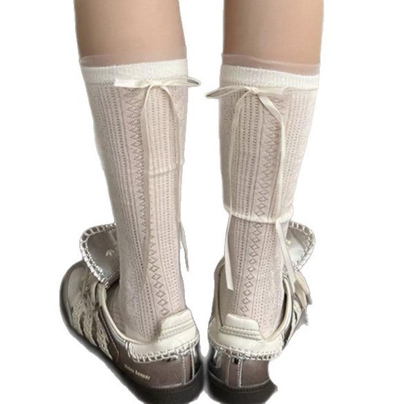 Short-sleeved Summer Lightweight Stockings for Women with Bow Ribbons At The Back of The Heel - A Sweet Long Stocking.