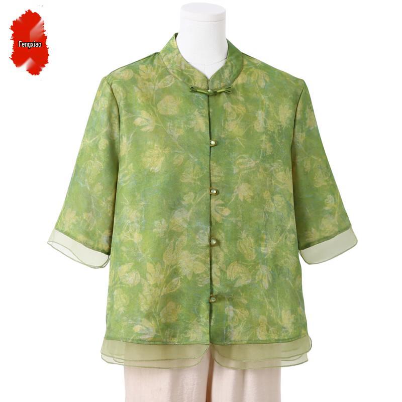 New Chinese Style Floral Mesh Shirt for Middle-Aged Women 3XL