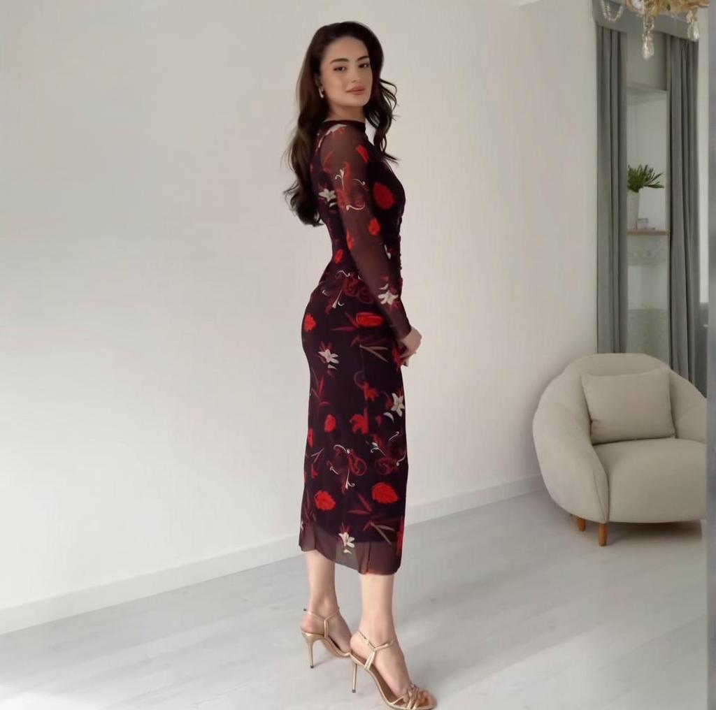 2025 Summer European & American Cross-border Round Neck Long Sleeve Printed Women's Waist-Cinched Mid-length Fashion Dress